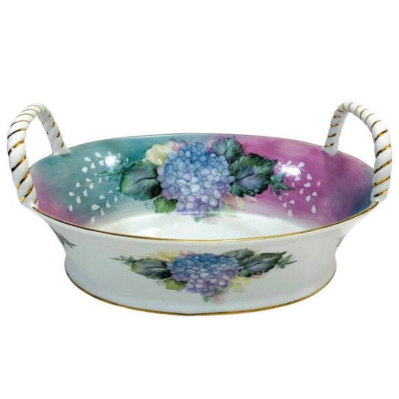 VTG Olympic China Hand Painted Hydrangea Floral Bowl 11" Oblong Gold Wrap Handle - Picture 1 of 14